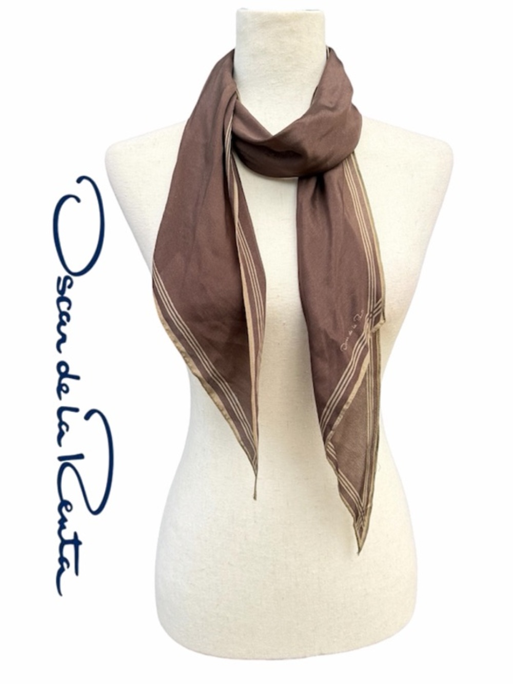 Oscar de la Renta Brown Silk Scarf with Taupe Trim Oblong Sash Vintage VTG